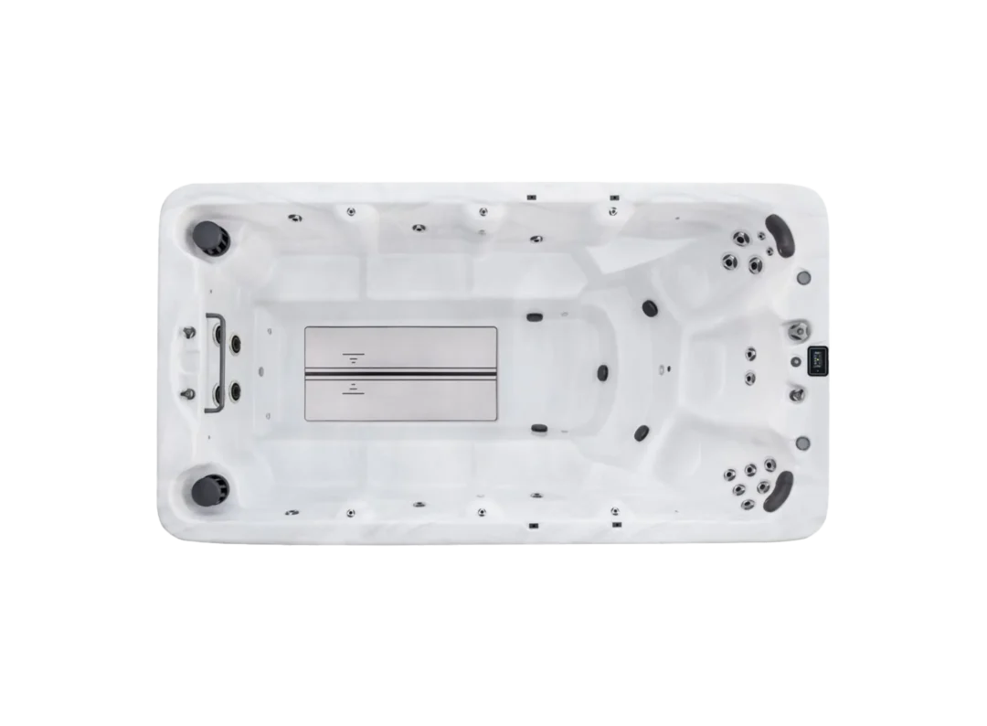 Top down view of American Whirlpool RB swim spa showing the swim zone, and seating options with 3 massage seats at one end and benches down each side with jets. In a silver marble coloured shell.