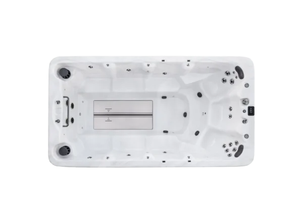 Top down view of American Whirlpool RB swim spa showing the swim zone, and seating options with 3 massage seats at one end and benches down each side with jets. In a silver marble coloured shell.