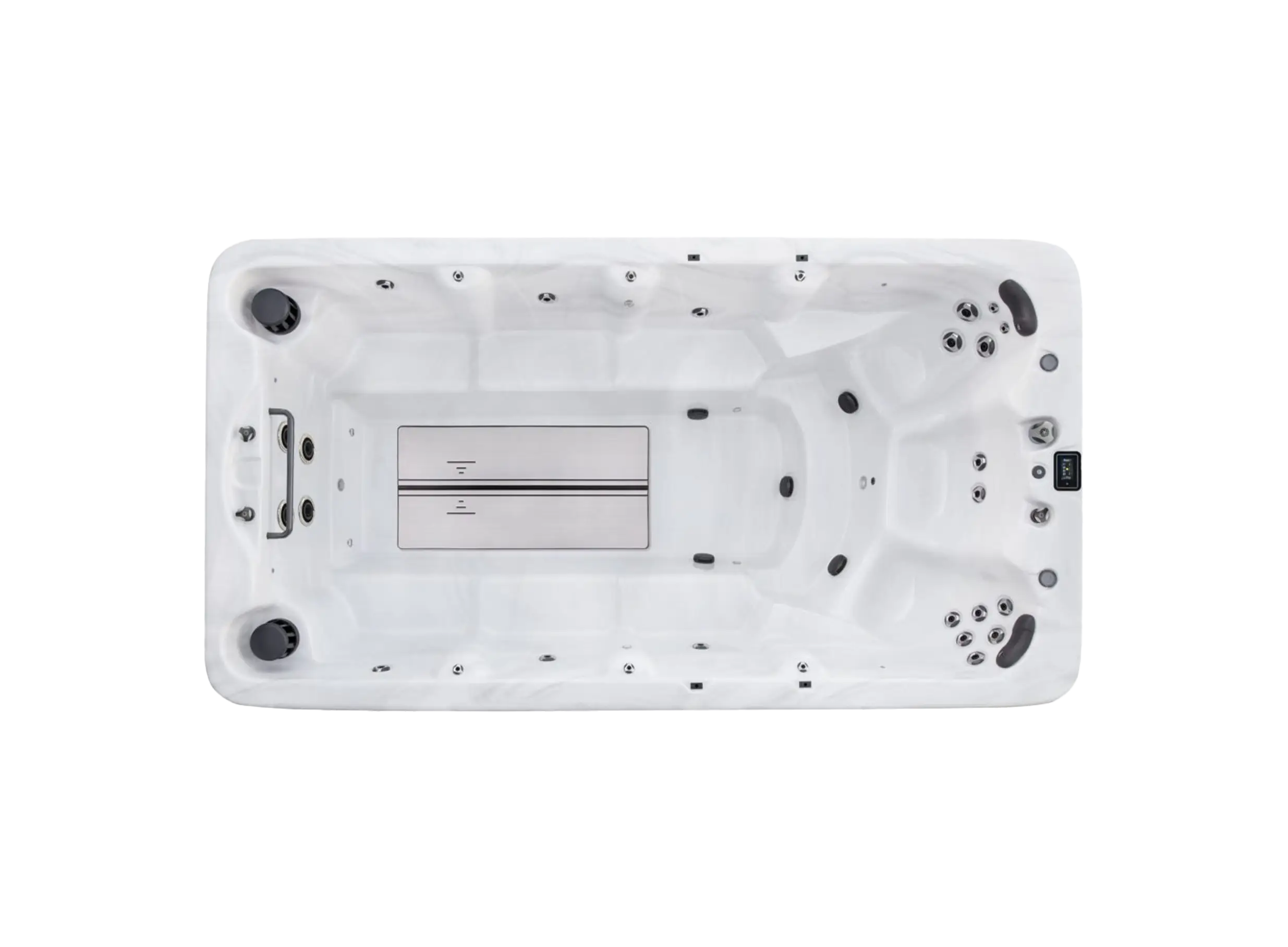 Top down view of American Whirlpool RB swim spa showing the swim zone, and seating options with 3 massage seats at one end and benches down each side with jets. In a silver marble coloured shell.