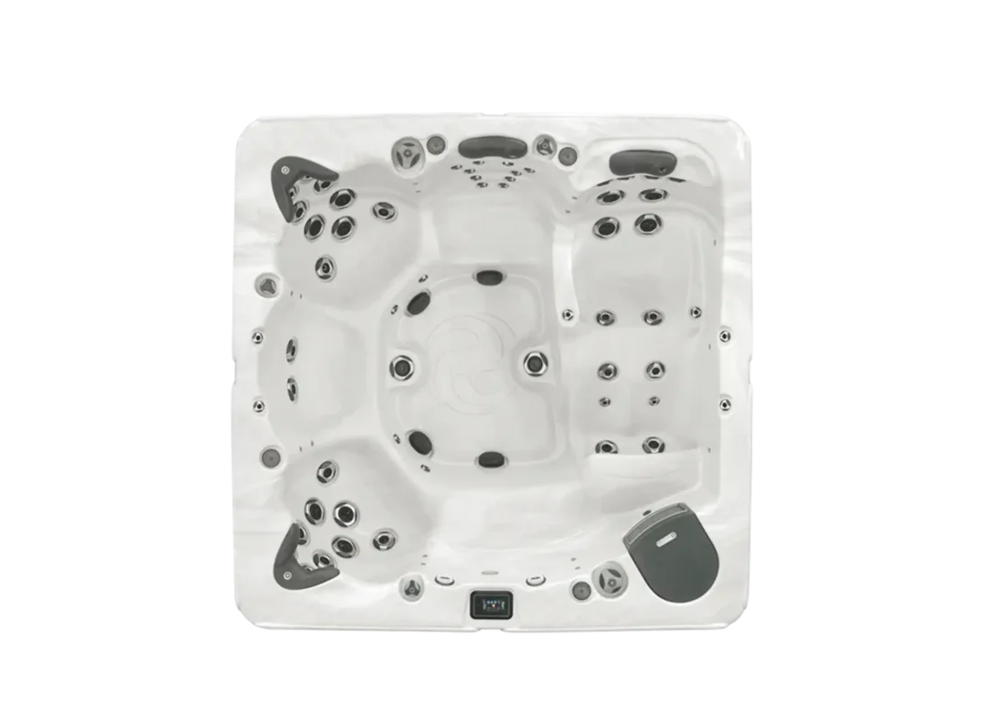Overhead photo showing the seating and lounger layout of American Whirlpool 881 hot tub