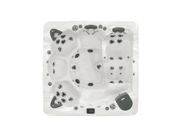 Overhead photo showing the seating and lounger layout of American Whirlpool 881 hot tub