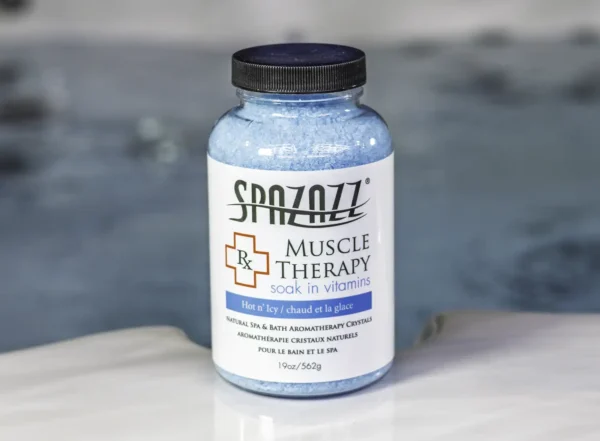 The front of a 19oz bottle of Spazazz muscle Therapy on the side of a hot tub