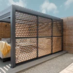 Maze Living Como pergola in dark grey with wood effect adjustable louvres with slats angled open.