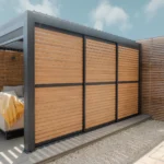 Maze Living Como pergola in dark grey with wood effect adjustable louvres with slats angled closed for privacy.