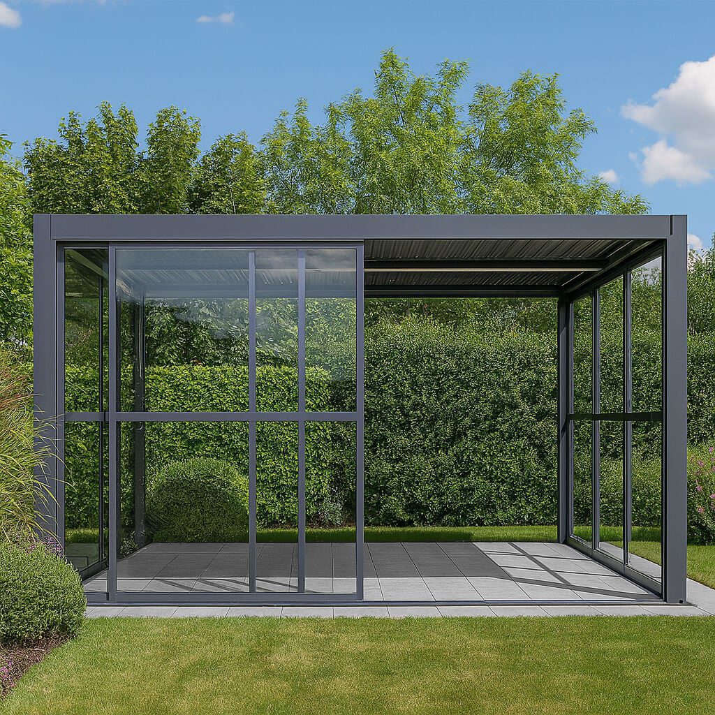 Maze Como grey pergola with transparent sliding doors fitted to two sides. Pergola sat on a light grey patio surrounded by l;awn with a green hedge behind.