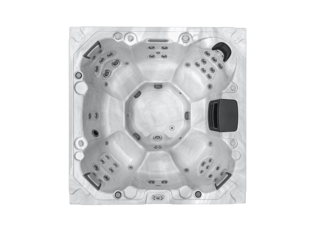 Overhead photo showing the 7 seat layout of the Icelandice Wellness Fontana hot tub. Shown in silver marble colour scheme.