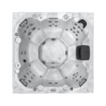 Overhead photo showing the 7 seat layout of the Icelandice Wellness Fontana hot tub. Shown in silver marble colour scheme.