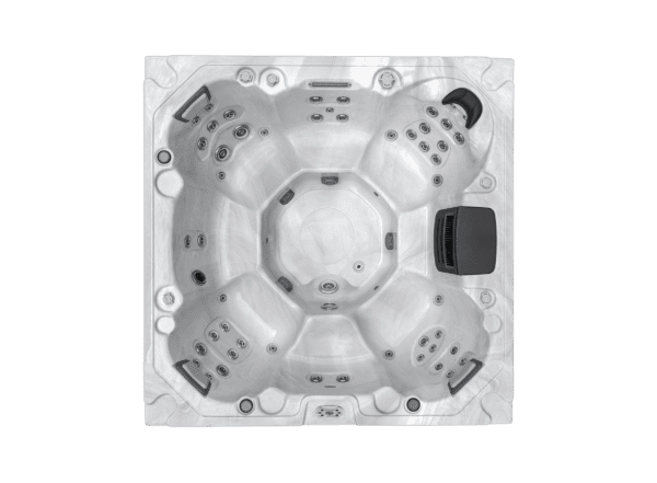 Overhead photo showing the 7 seat layout of the Icelandice Wellness Fontana hot tub. Shown in silver marble colour scheme.
