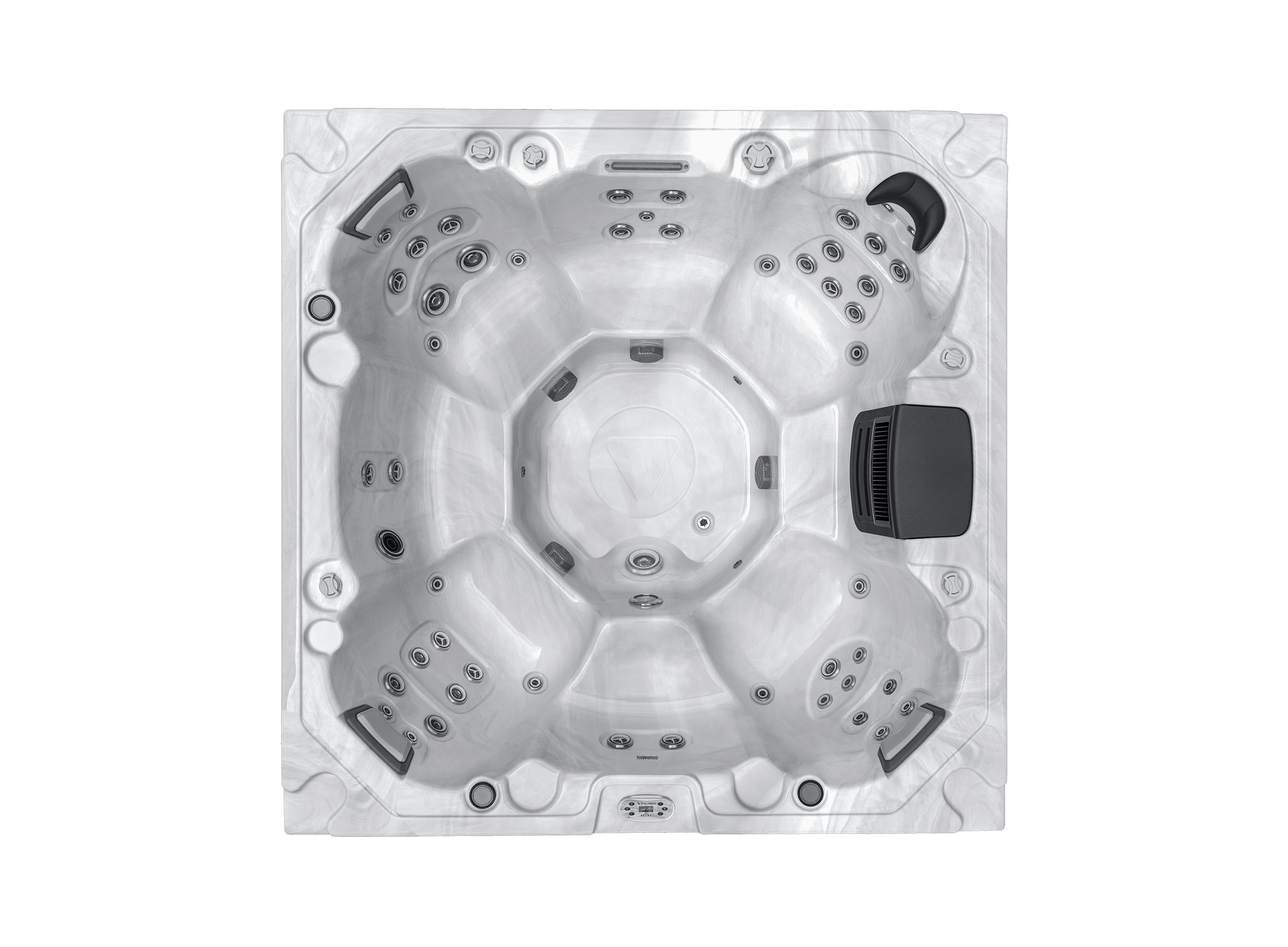 Overhead photo showing the 7 seat layout of the Icelandice Wellness Fontana hot tub. Shown in silver marble colour scheme.