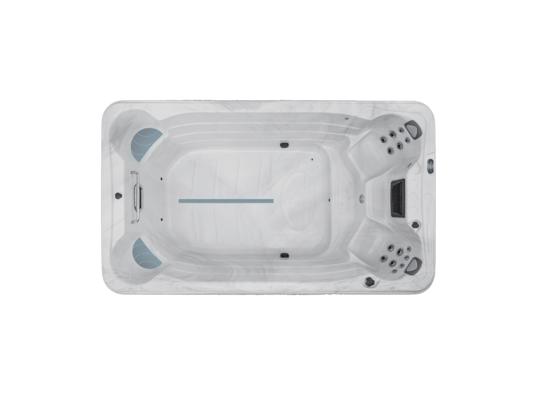 Icelandic Wellness Fossa PP Swim spa overhead view showing the swim lane, river jet and 4 seats in a silver marble white shell.