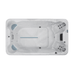 Icelandic Wellness Fossa PP Swim spa overhead view showing the swim lane, river jet and 4 seats in a silver marble white shell.