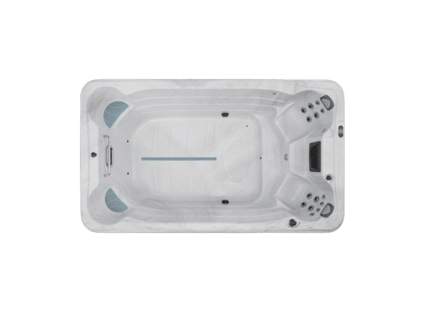 Icelandic Wellness Fossa PP Swim spa overhead view showing the swim lane, river jet and 4 seats in a silver marble white shell.