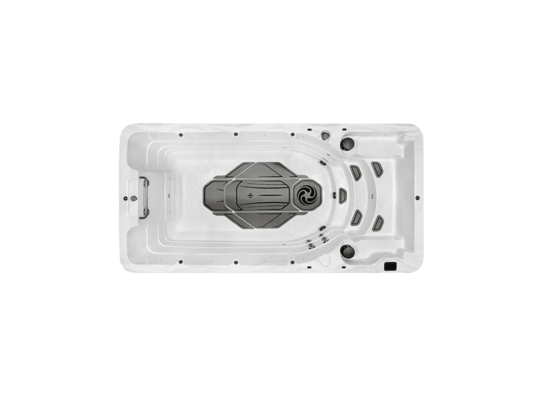 Overhead view of American Whirlpool RL5 swim spa showing swim area and stepped entry. Colour is silver marble effect white acrylic.