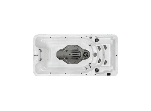 Overhead view of American Whirlpool RL5 swim spa showing swim area and stepped entry. Colour is silver marble effect white acrylic.