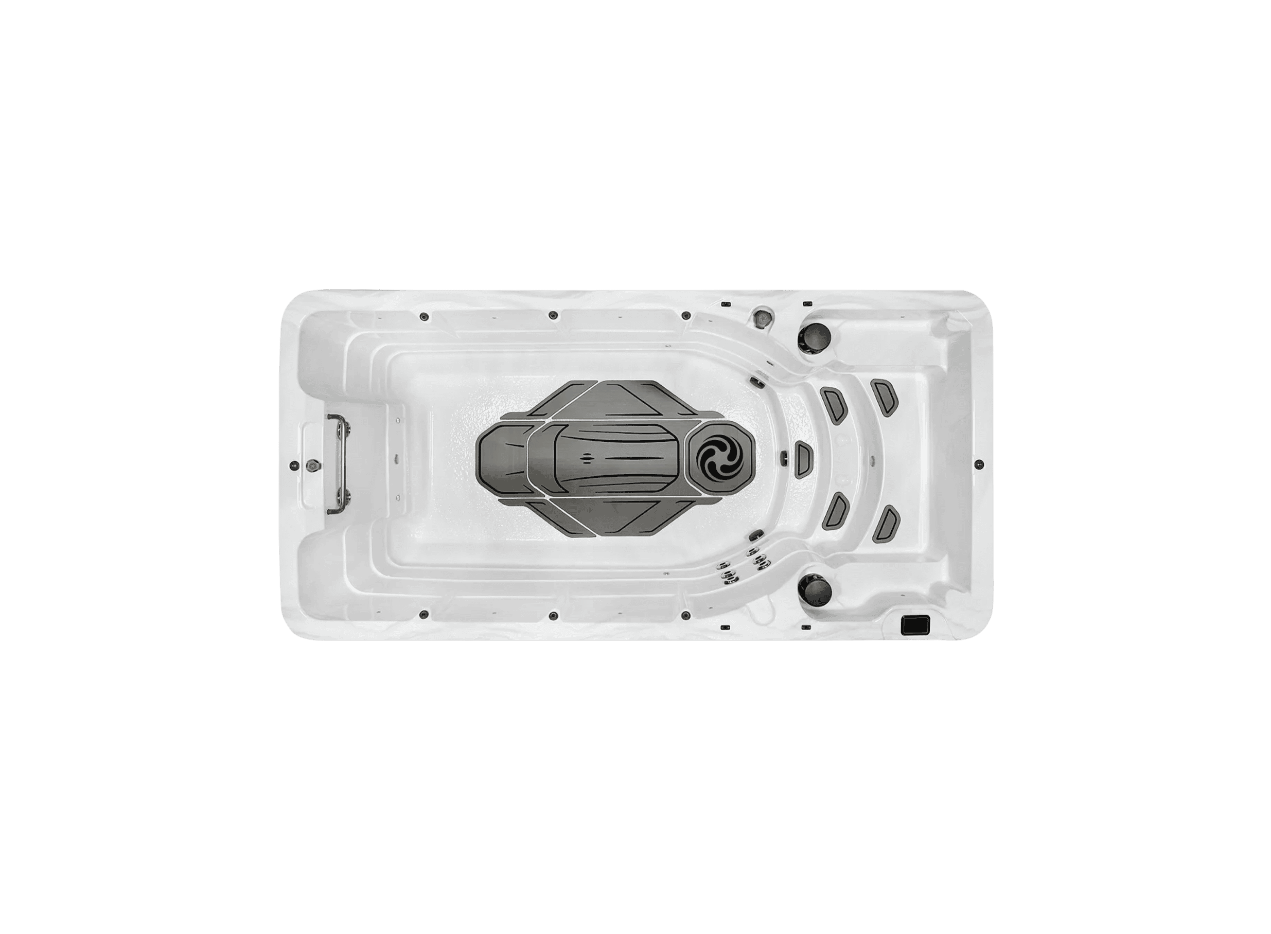 Overhead view of American Whirlpool RL5 swim spa showing swim area and stepped entry. Colour is silver marble effect white acrylic.