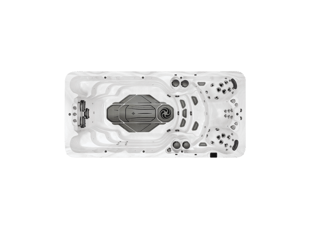 a top down view of the American Whirlpool MX6 with large swim lane, and three hot tub style massage seats. Pictured in a silver marble acrylic colour.