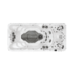 a top down view of the American Whirlpool MX6 with large swim lane, and three hot tub style massage seats. Pictured in a silver marble acrylic colour.