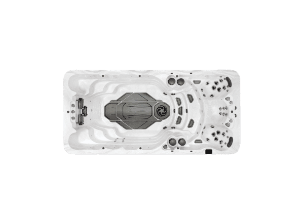 a top down view of the American Whirlpool MX6 with large swim lane, and three hot tub style massage seats. Pictured in a silver marble acrylic colour.