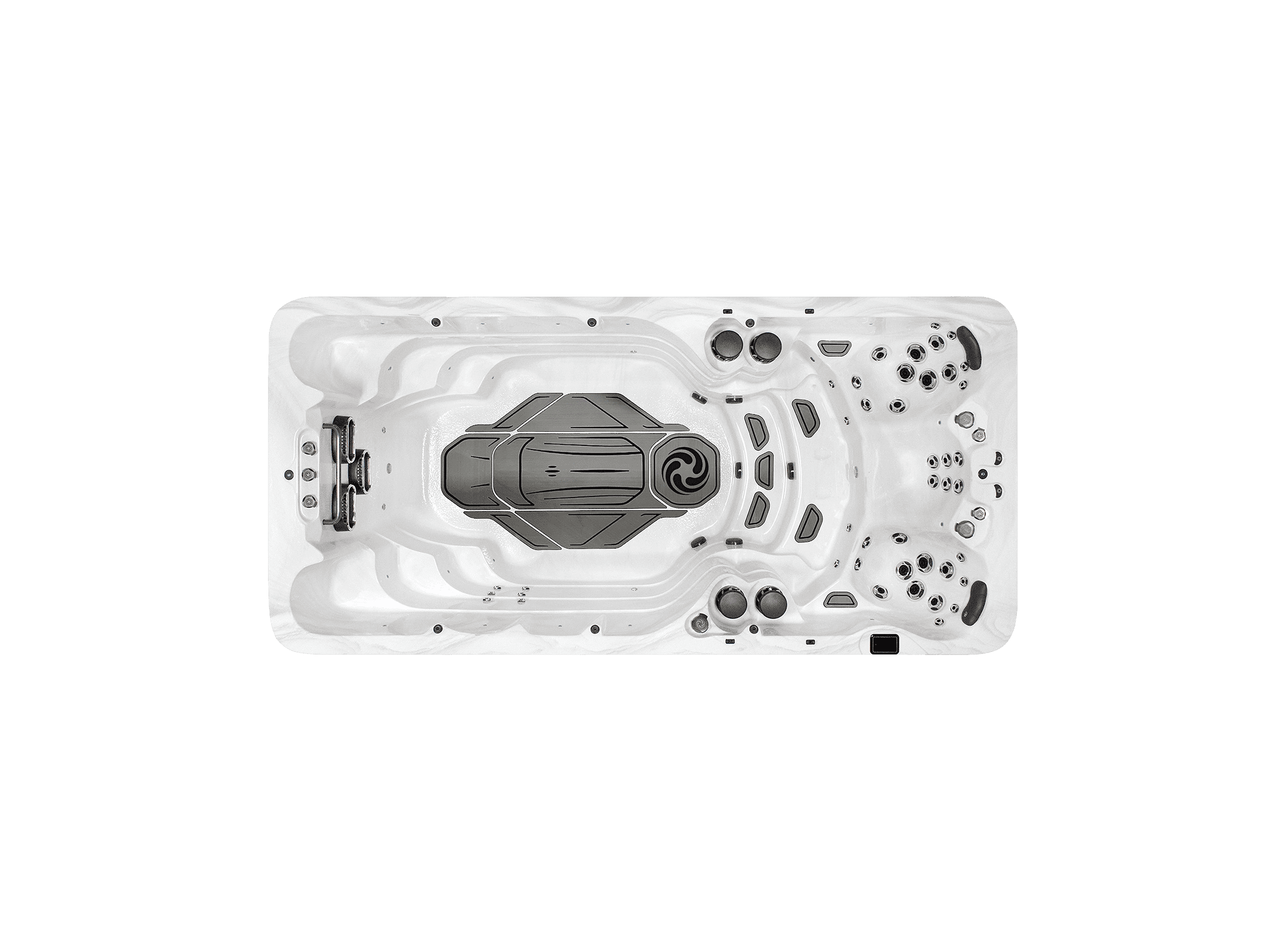 a top down view of the American Whirlpool MX6 with large swim lane, and three hot tub style massage seats. Pictured in a silver marble acrylic colour.